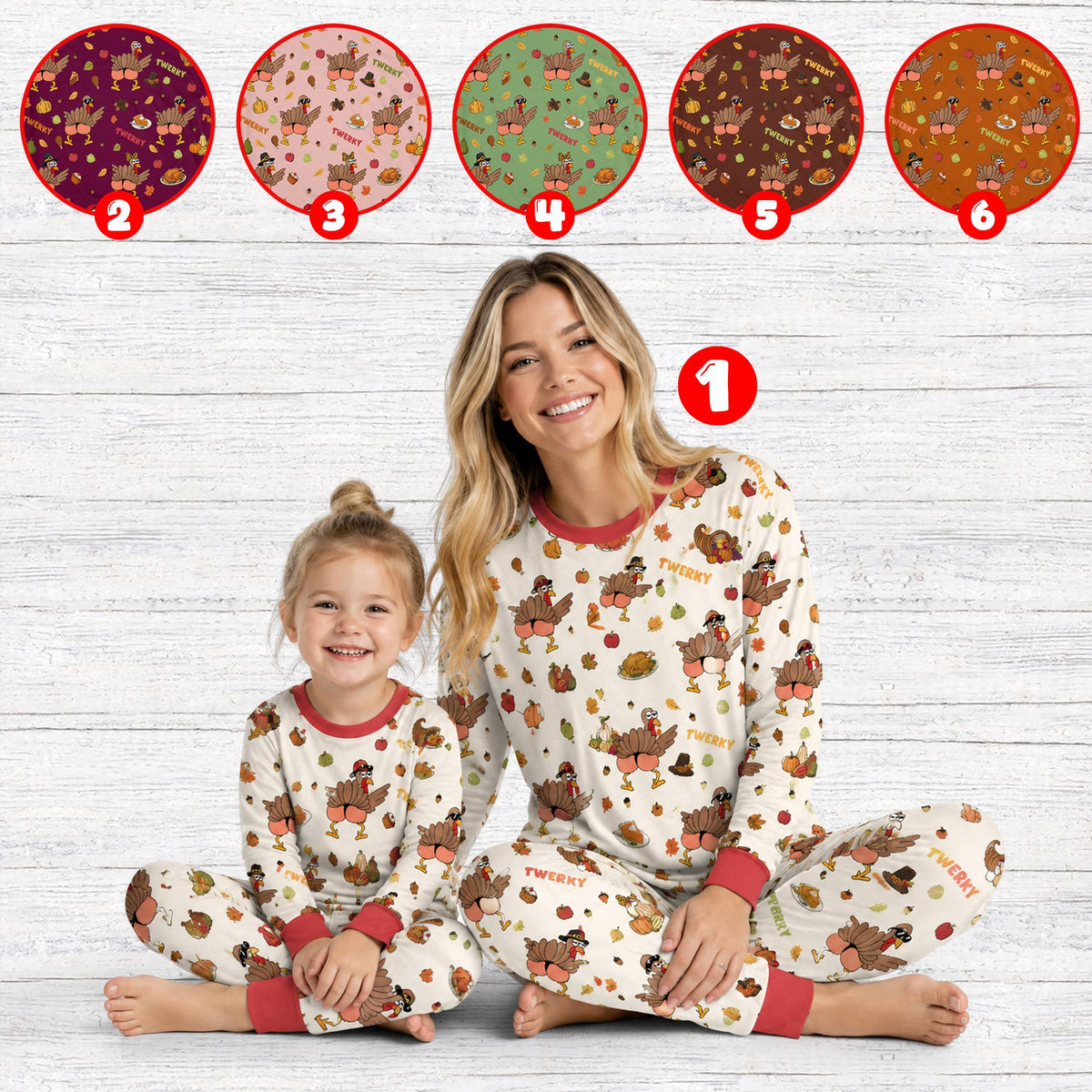 Lifestyle view of a family wearing matching holiday pajamas with Thanksgiving Twerky design