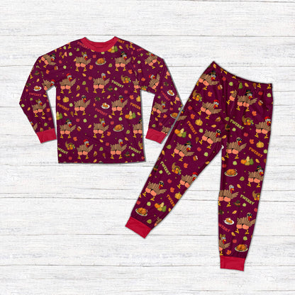 Maroon matching family pajama set with Twerky Thanksgiving design