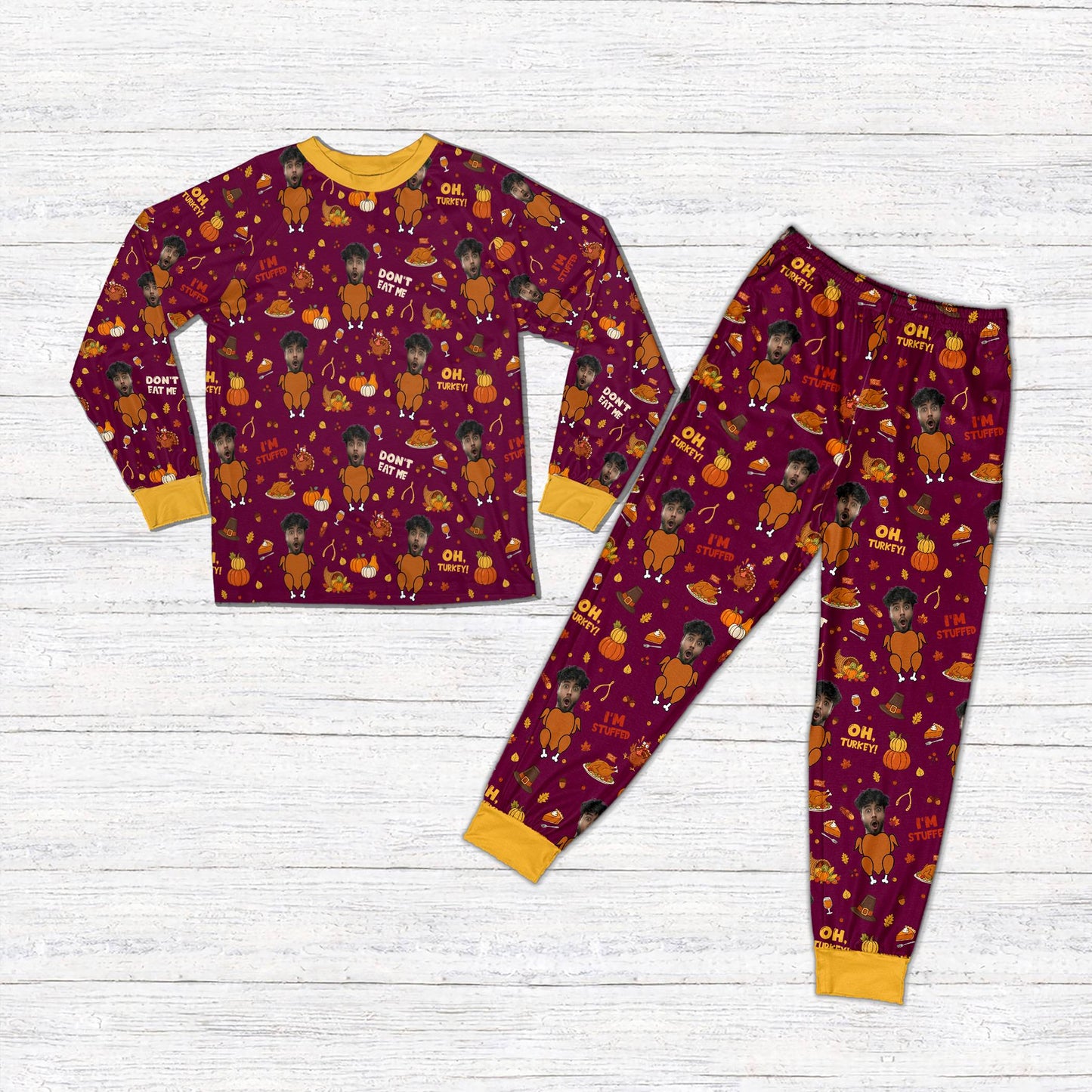 Maroon family matching pajama set with Thanksgiving pie and pumpkin designs, front view