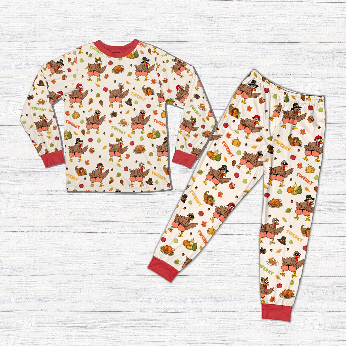 Front view of matching holiday pajamas for family featuring a Thanksgiving Twerky pattern