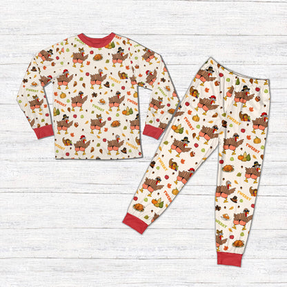 Multicolor Thanksgiving matching pajama set with cartoon turkeys and pumpkins