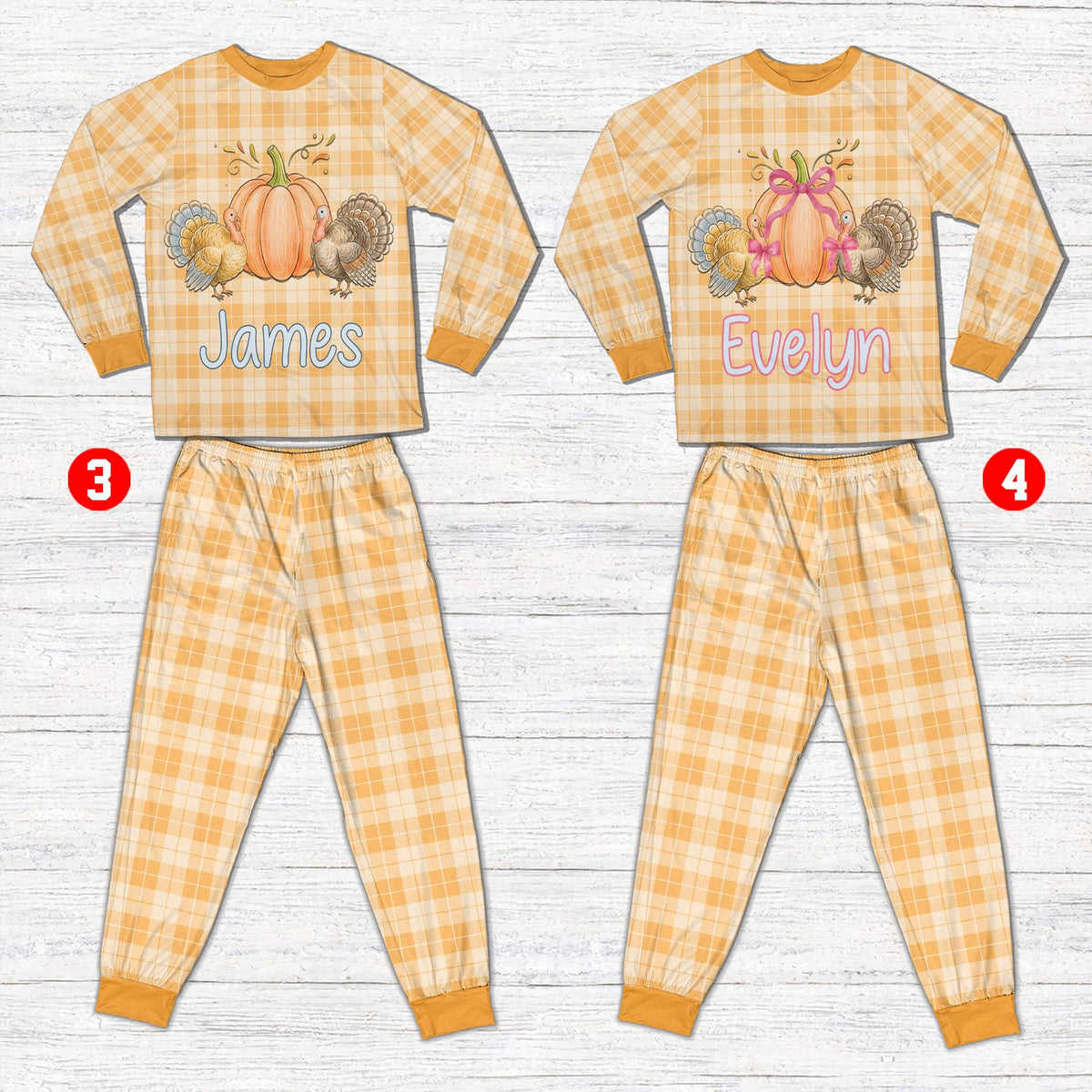 Detail view of the matching family pajama set showing the plaid pattern and personalized design