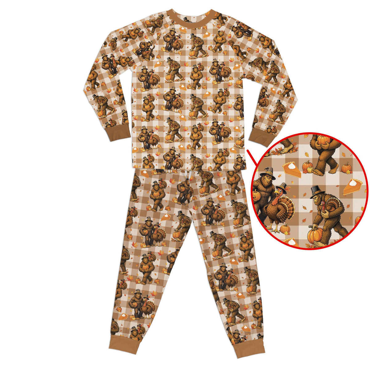 Plaid matching family pajamas with Thanksgiving Bigfoot and turkey design, alternate front view