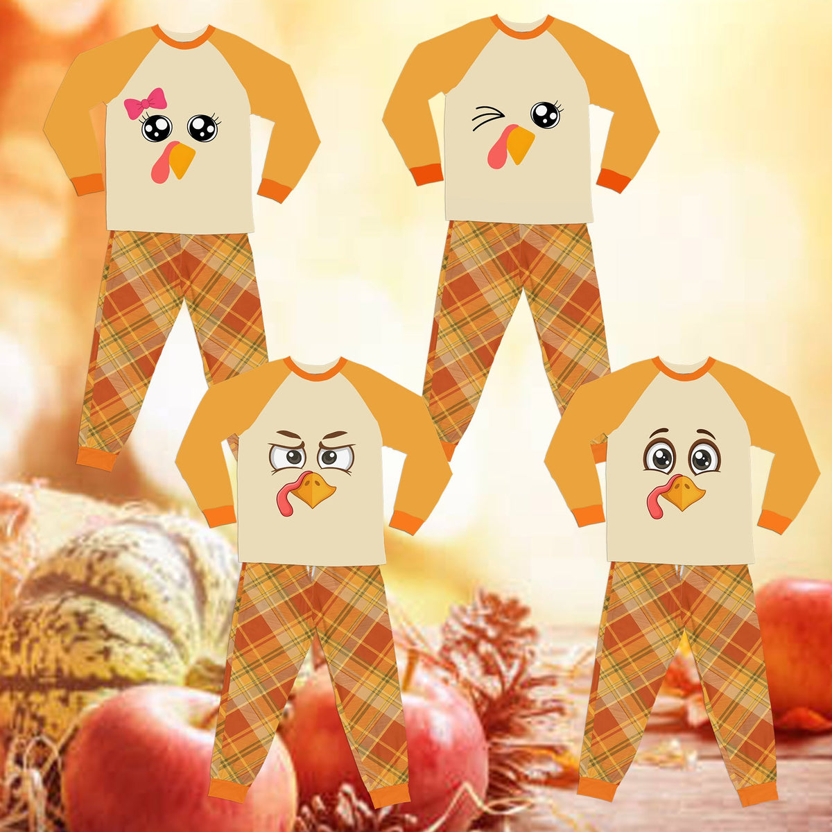 Front view of a variation of the Thanksgiving pajama set showing a different turkey expression