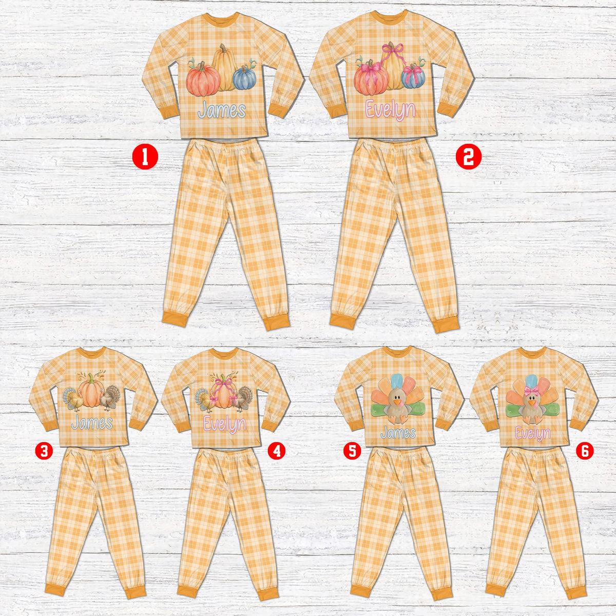 Personalized matching family xmas pajamas in light orange and cream plaid featuring Thanksgiving pumpkin graphics, front view