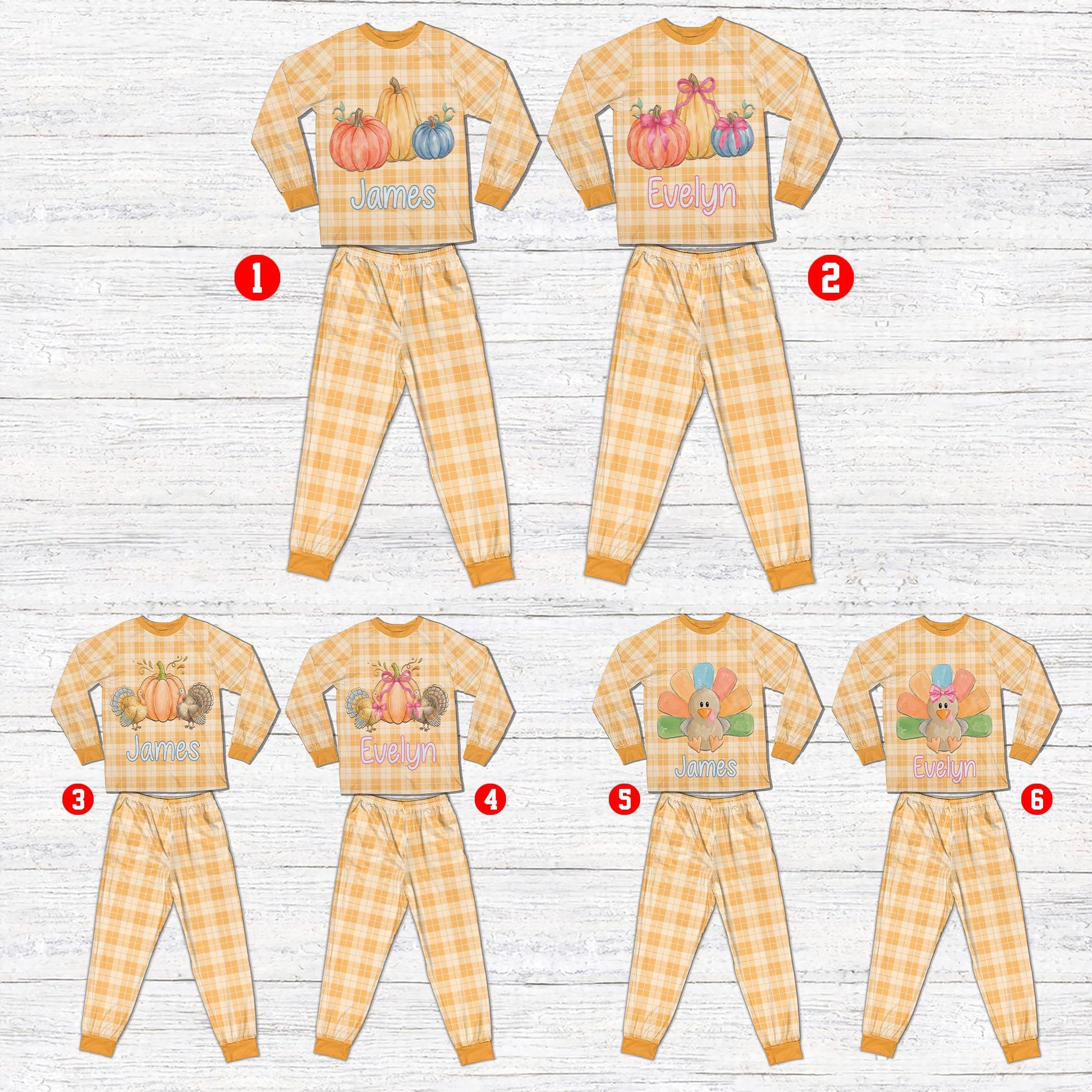 Front view of the personalized Thanksgiving pajama set with turkey graphics and custom names