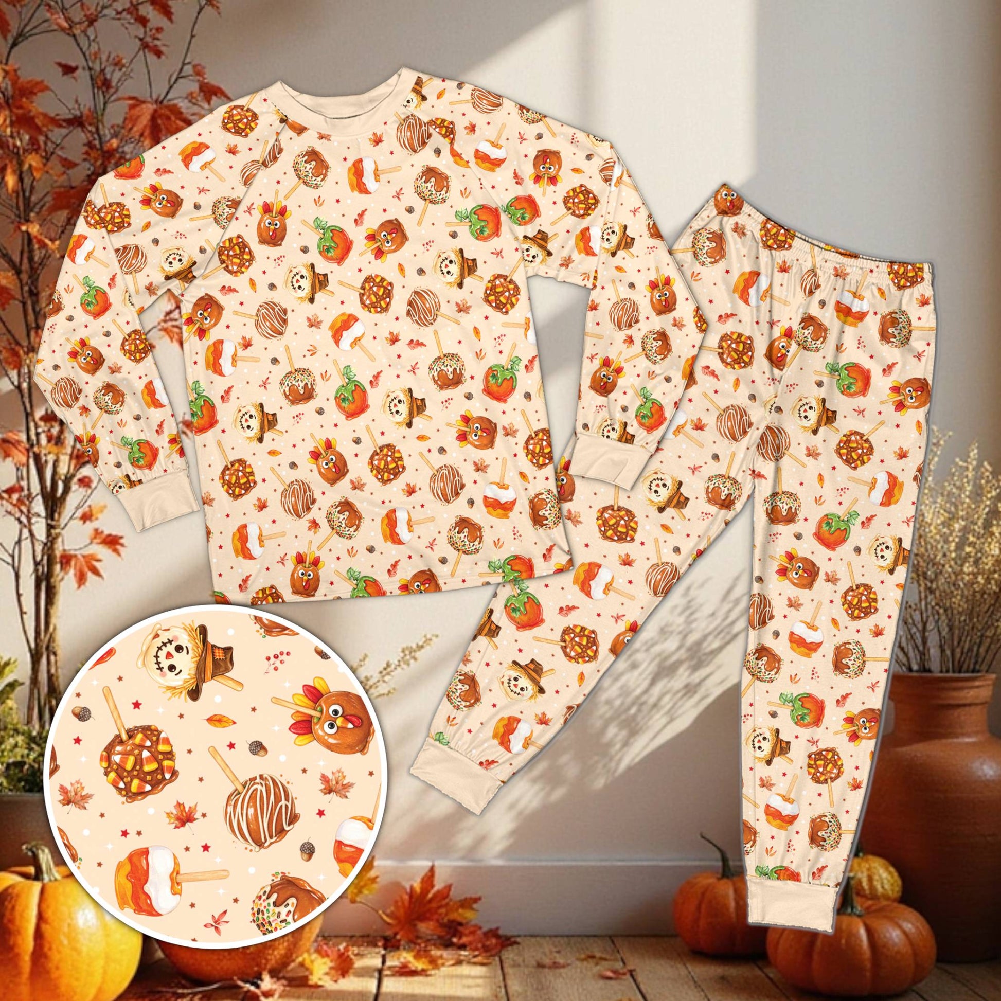 Another front view of multicolor Thanksgiving family matching pajamas