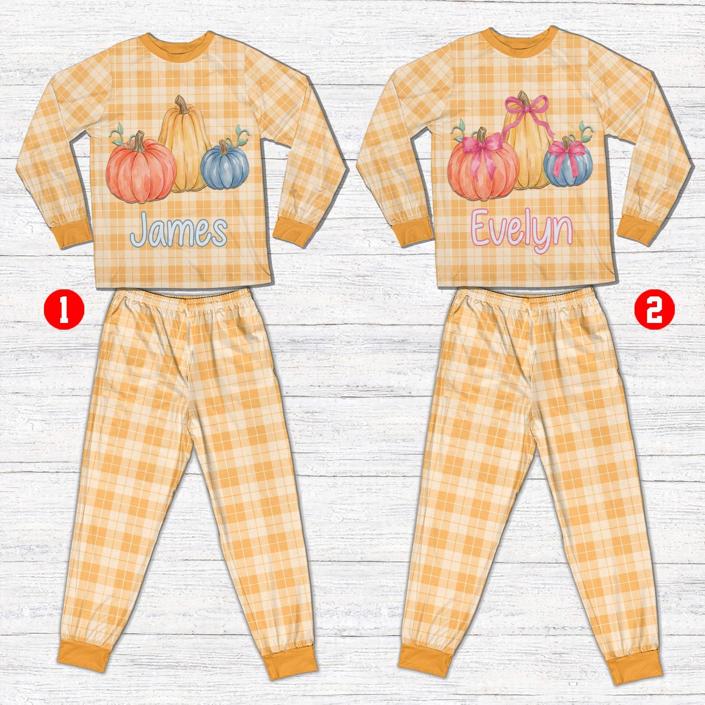 Another front view of the cozy Thanksgiving pajama set with custom name and number personalization