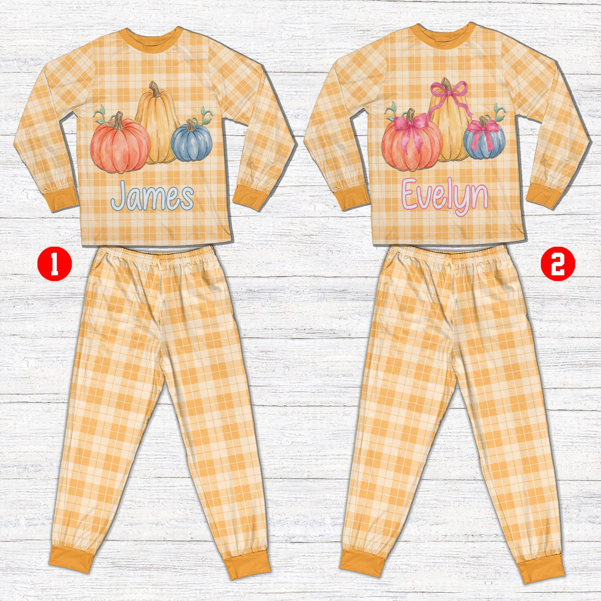 Another front view of the cozy Thanksgiving pajama set with custom name and number personalization