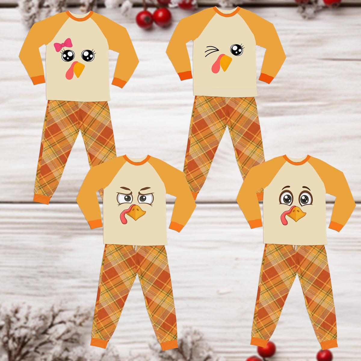 Front view of another Thanksgiving pajama set size with turkey face and raglan sleeves