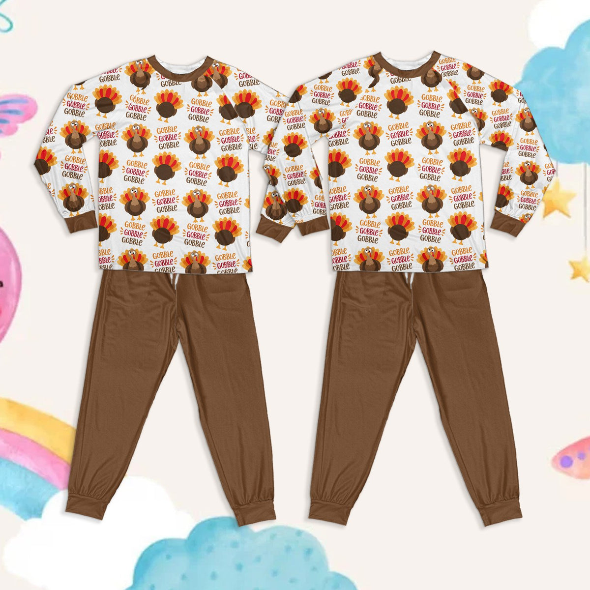 Thanksgiving pajama set featuring a cartoon turkey pattern, main view