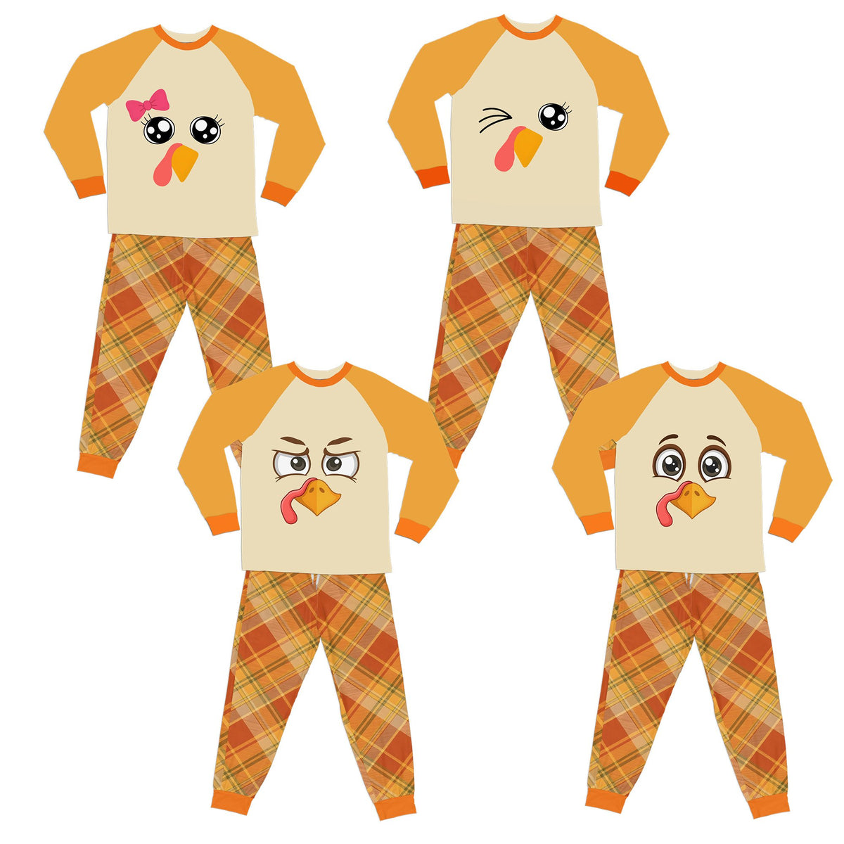 Front view of the Thanksgiving pajama set with a happy turkey face and plaid bottoms