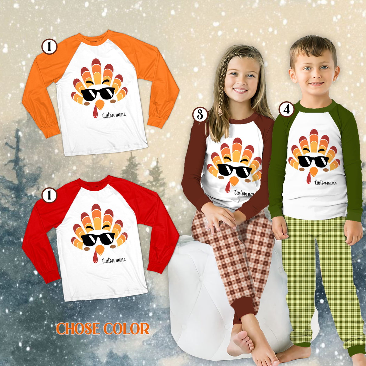 Family in matching personalized Thanksgiving pajamas with multicolor plaid pants, lifestyle view