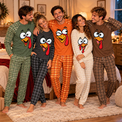 Family wearing matching Thanksgiving pajama set, lifestyle view 2