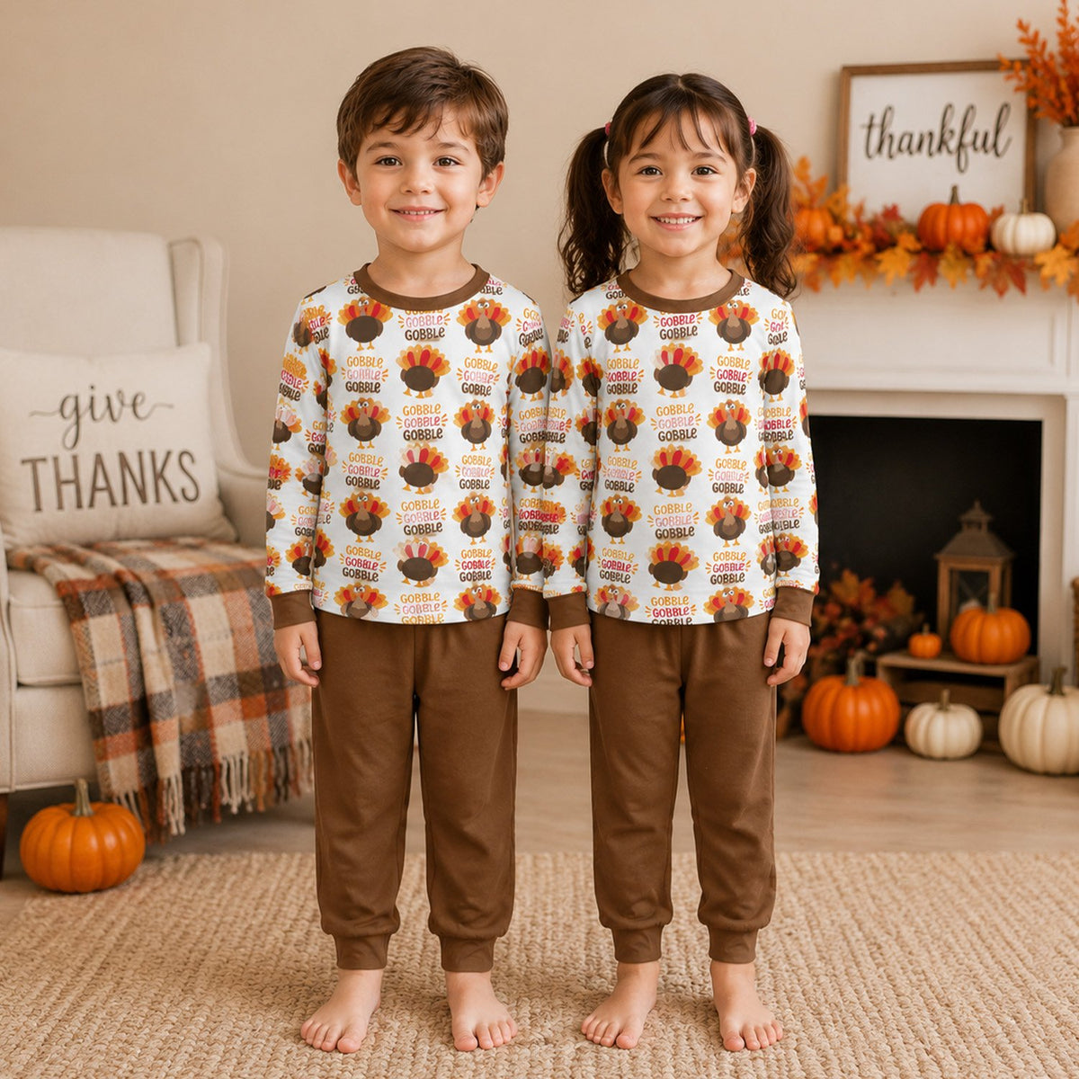 Second lifestyle view of the matching family pajamas for Thanksgiving