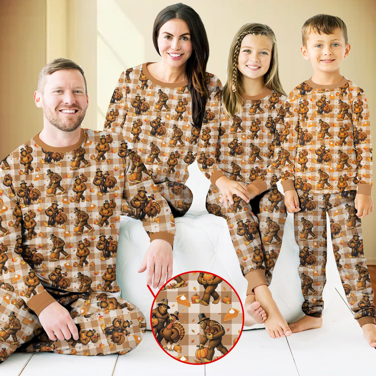 Second lifestyle view of the plaid matching family pajamas for Thanksgiving