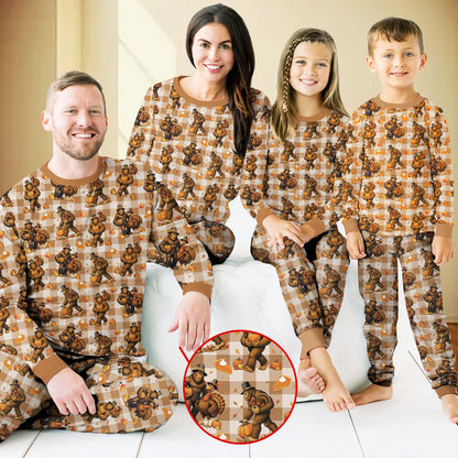 Second lifestyle view of the plaid matching family pajamas for Thanksgiving