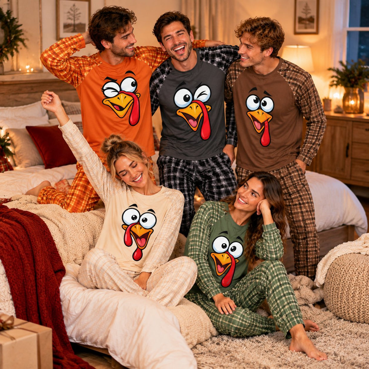 Family wearing matching Thanksgiving pajama set, lifestyle view 3
