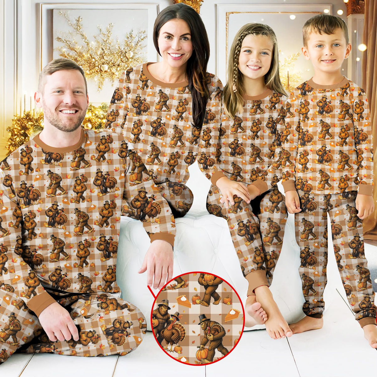 Third lifestyle view of the plaid matching family pajamas for Thanksgiving
