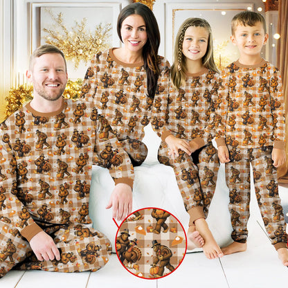 Third lifestyle view of the plaid matching family pajamas for Thanksgiving