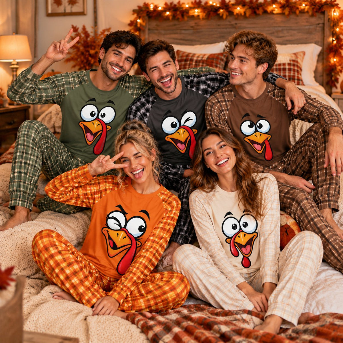 Family wearing matching Thanksgiving pajama set, lifestyle view 4