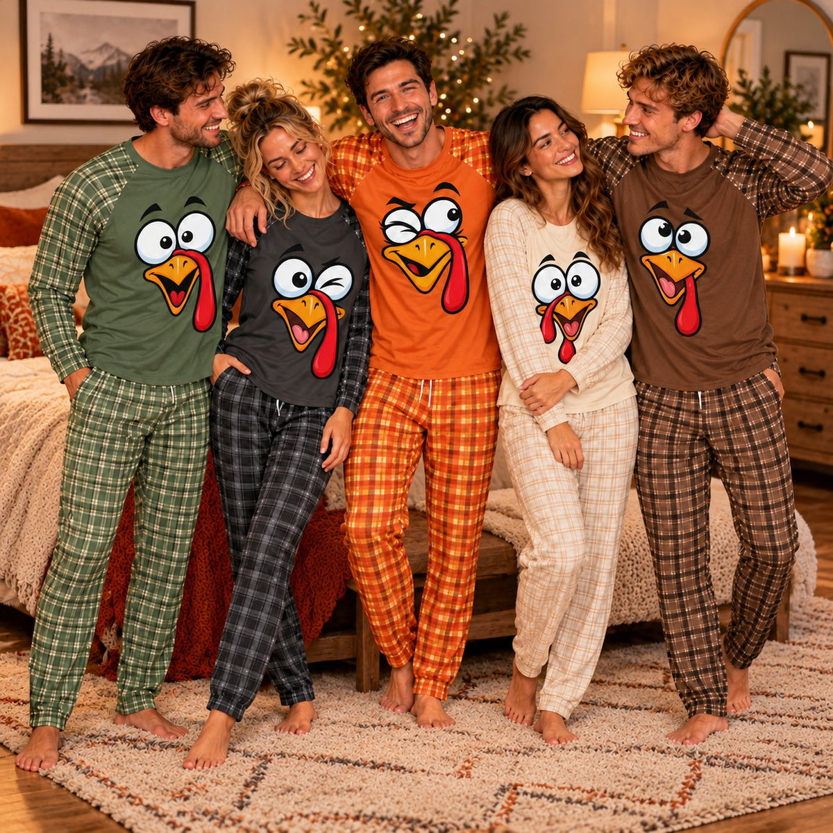 Family wearing matching Thanksgiving pajama set, lifestyle view 5