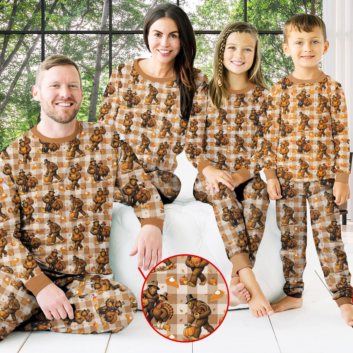 Lifestyle view of the plaid matching family pajamas for Thanksgiving