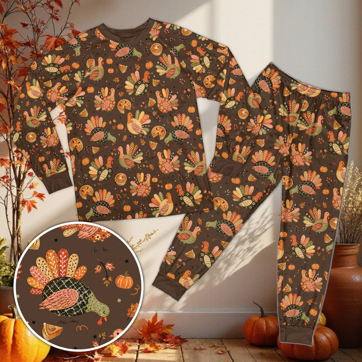 Multicolor view of the Thanksgiving turkey matching family pajama set
