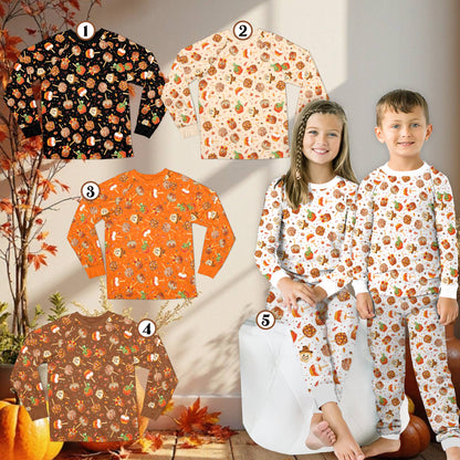 Close-up view of the Thanksgiving pattern on the matching pajama set