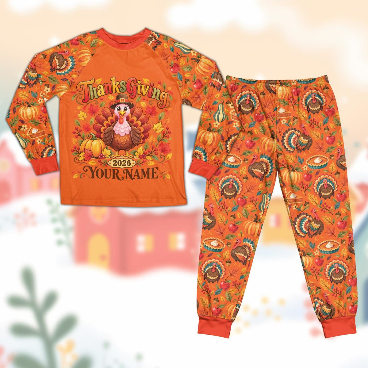 Orange front view of the custom thanksgiving pajama set