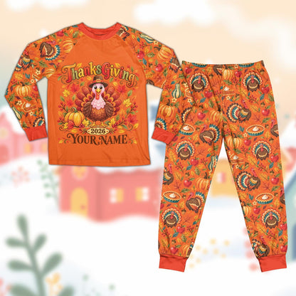 Orange front view of the custom thanksgiving pajama set