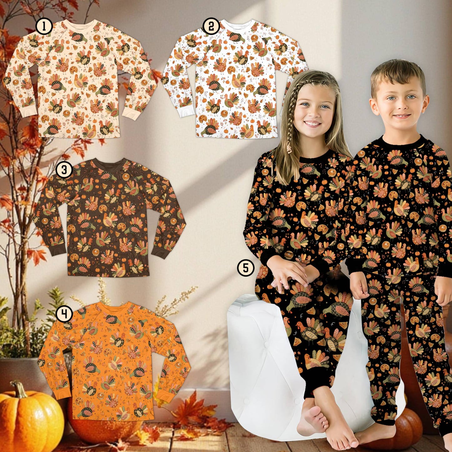 Orange Thanksgiving matching pajama set with pumpkin pie pattern, front view