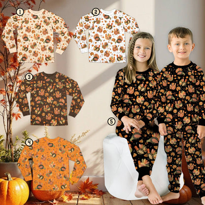 Orange Thanksgiving matching pajama set with pumpkin pie pattern, front view