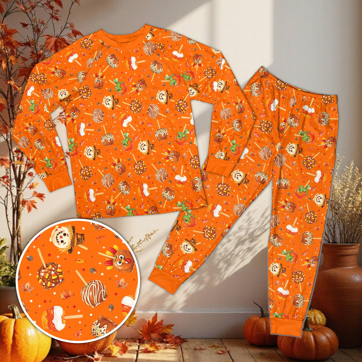Orange Thanksgiving matching pajama set for family, front view