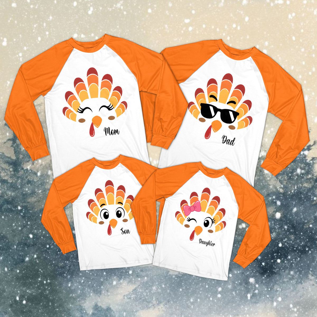 Family wearing personalized custom name Thanksgiving pajamas with orange plaid pants, lifestyle view