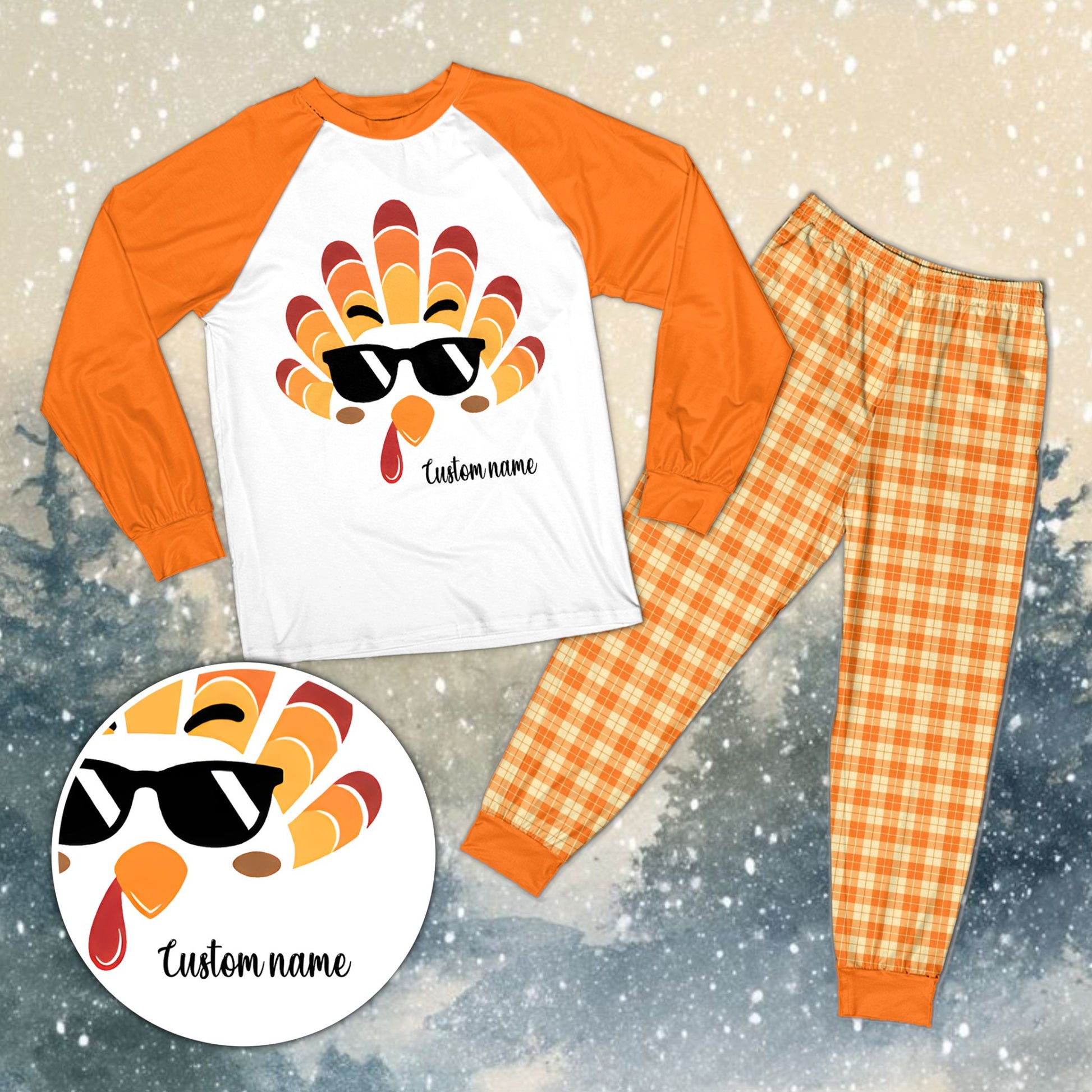 Family wearing personalized Thanksgiving pajama sets with orange plaid pants, lifestyle view