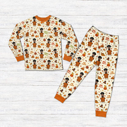 Detailed view of the Thanksgiving turkey and custom text pajama pattern design