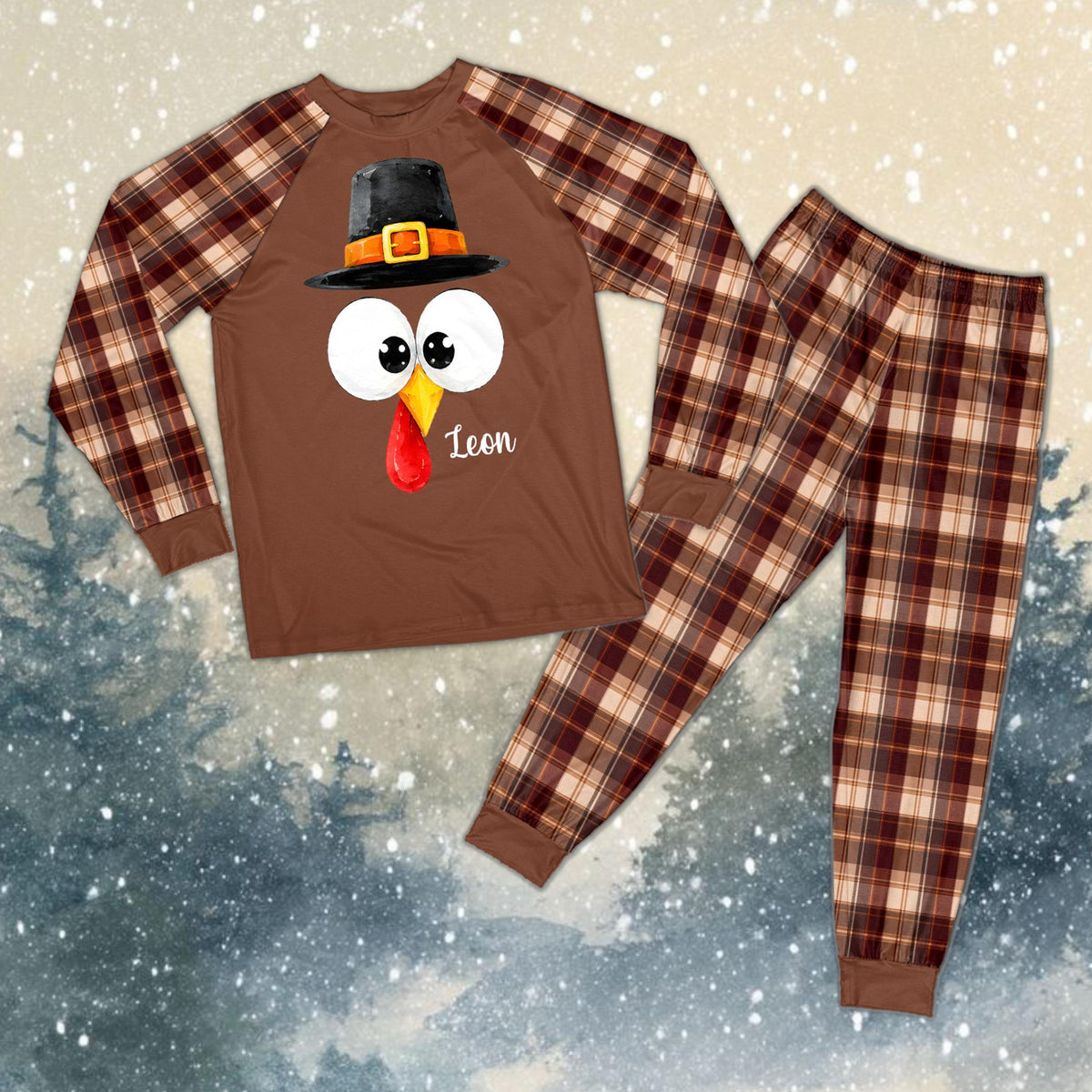 Close up of Thanksgiving turkey design on personalized family pajamas