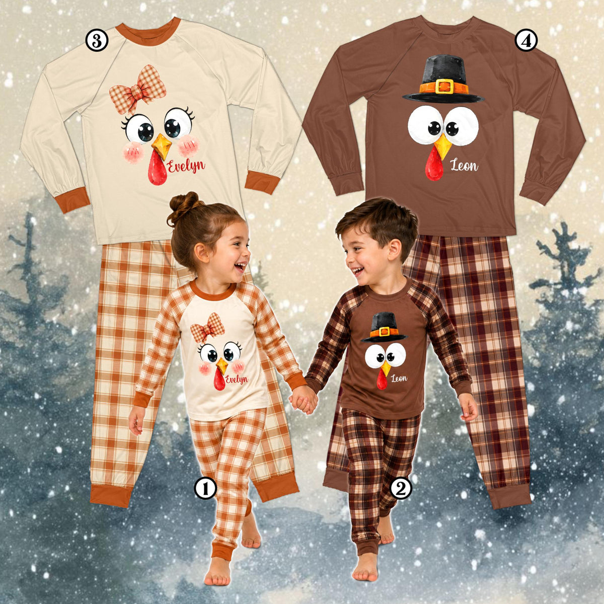 Back view of Thanksgiving turkey matching family pajama set showing custom name and number