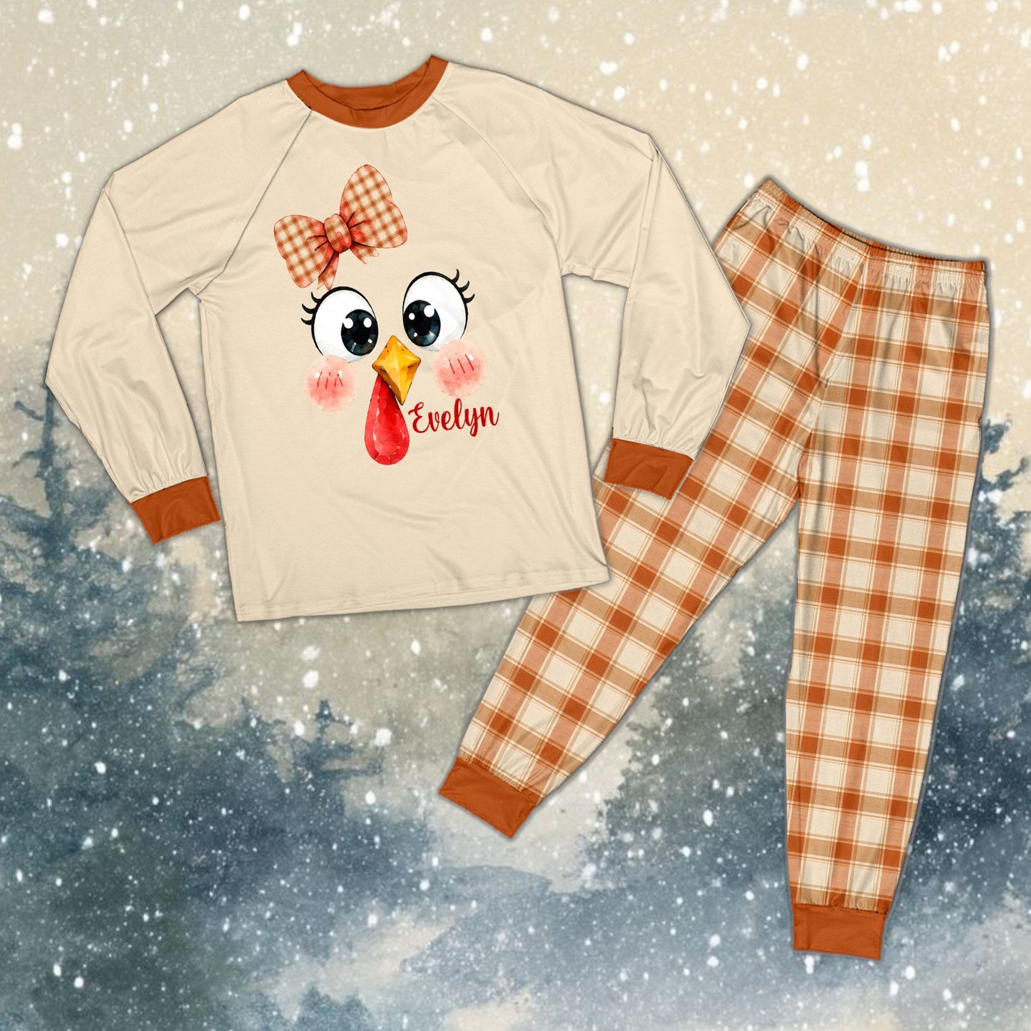 Matching family pajamas for Thanksgiving styled as a full set