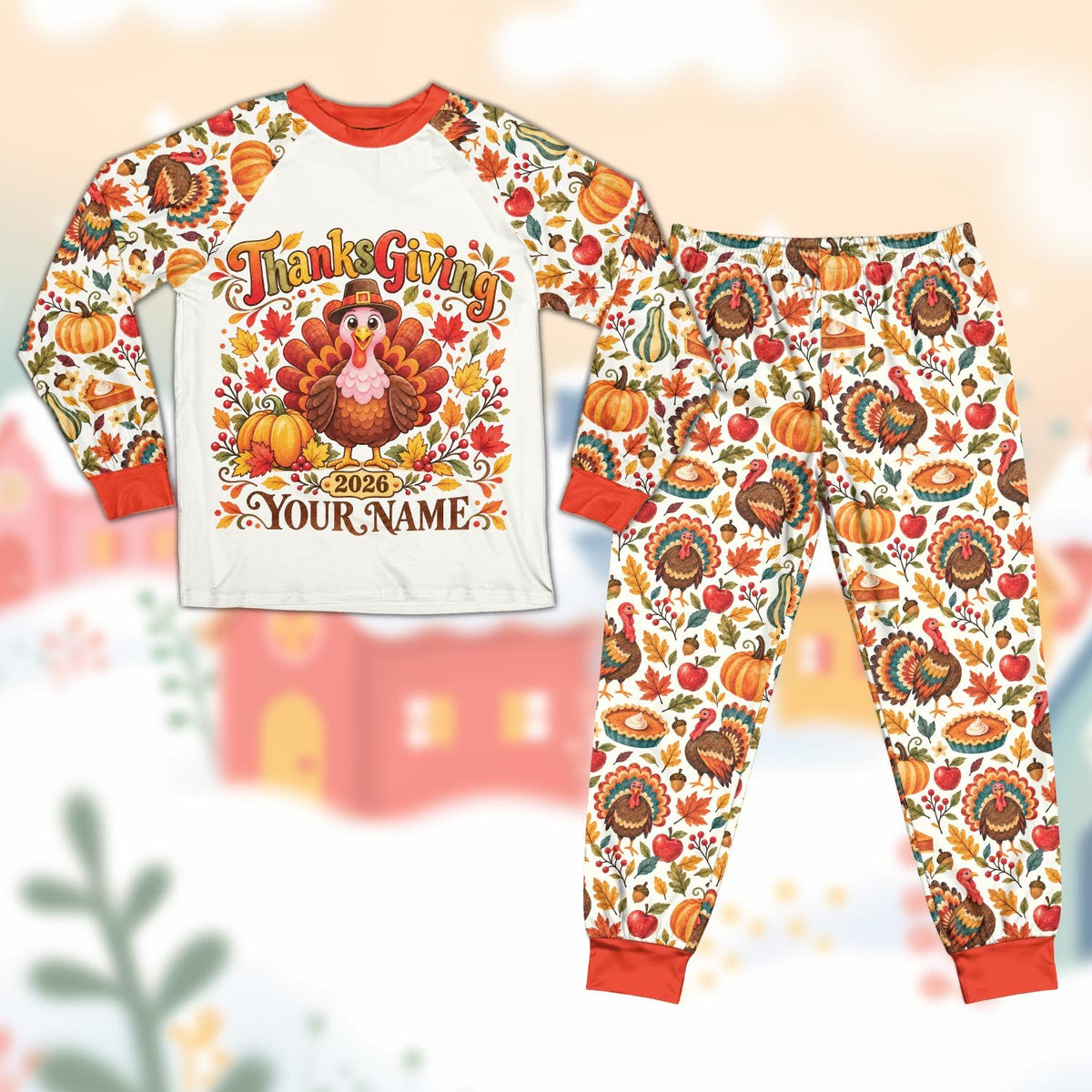 Family wearing matching thanksgiving pajama set with custom names and turkey design