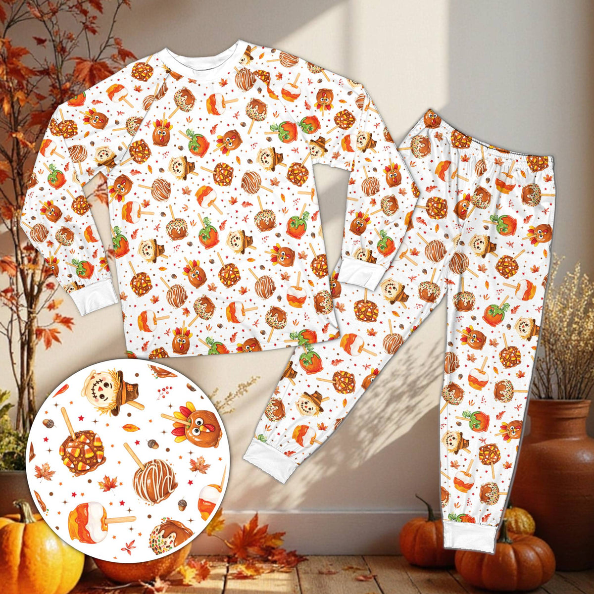 White matching holiday pajamas family set with Thanksgiving treats pattern, front view