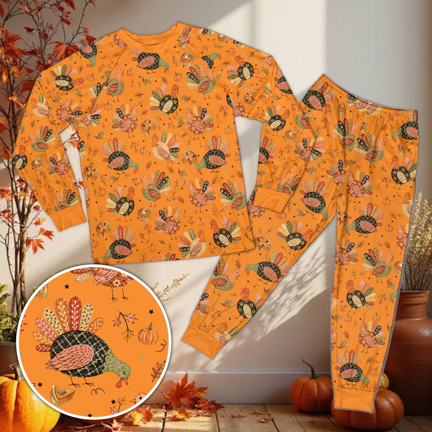 White matching family pajama set with warm autumn illustrations, front view