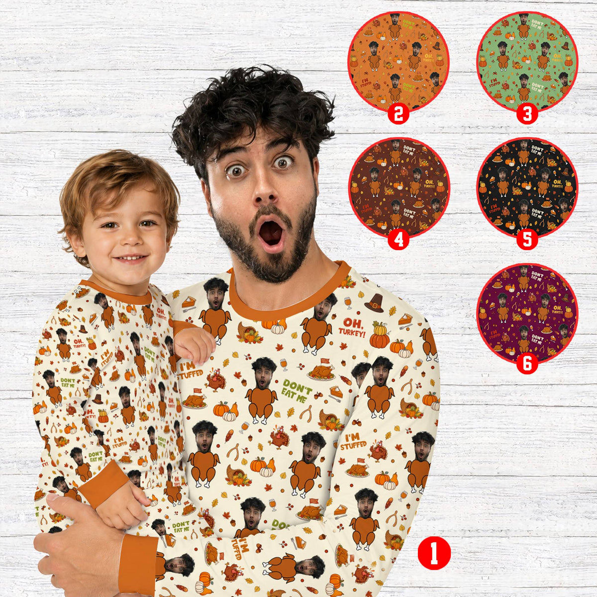 Family wearing matching holiday pajamas featuring custom turkey face designs in a lifestyle setting