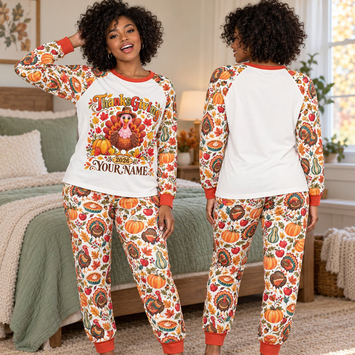 Lifestyle view of the family matching holiday pajamas for Thanksgiving