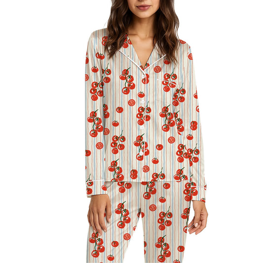 Matching christmas pajamas whole family featuring red tomato pattern on striped background, main view