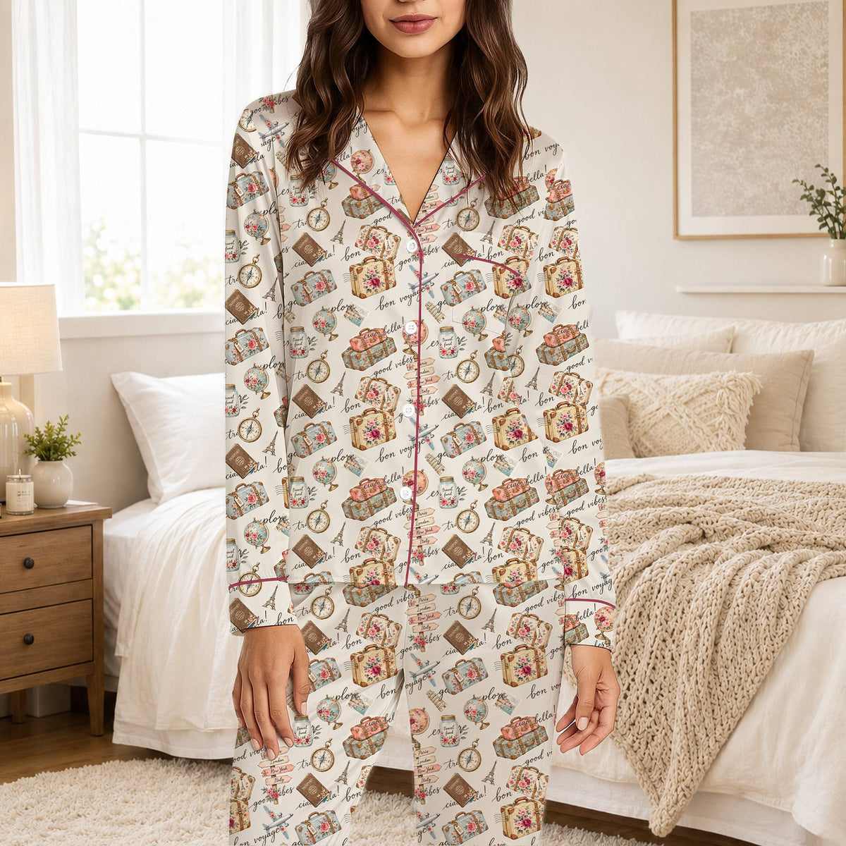 Close up lifestyle view of the travel vintage pajama set details
