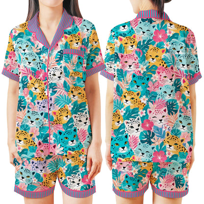 Front view of the tropical cat floral pajama set