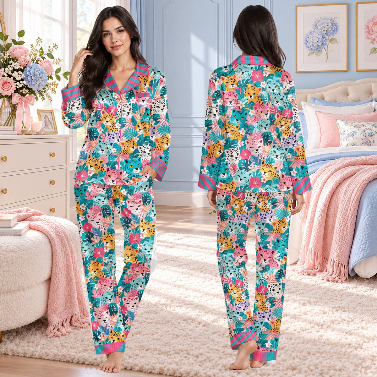 Second lifestyle view of the colorful cat floral pajama set