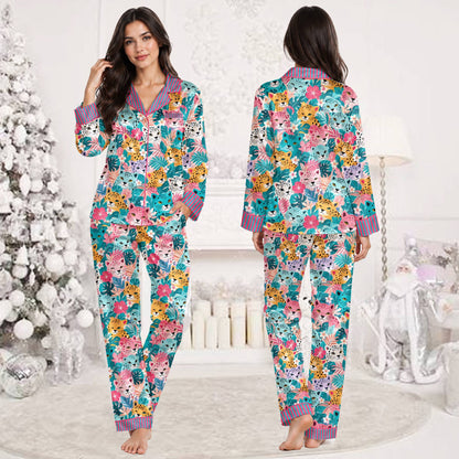 Third lifestyle view of the teal tropical cat pajamas